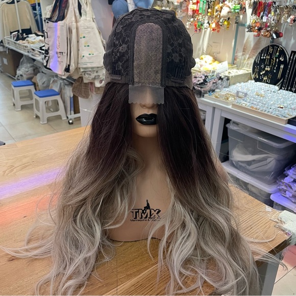 Human hair blend lace front ash blonde with dark roots wavy wig. main image 8